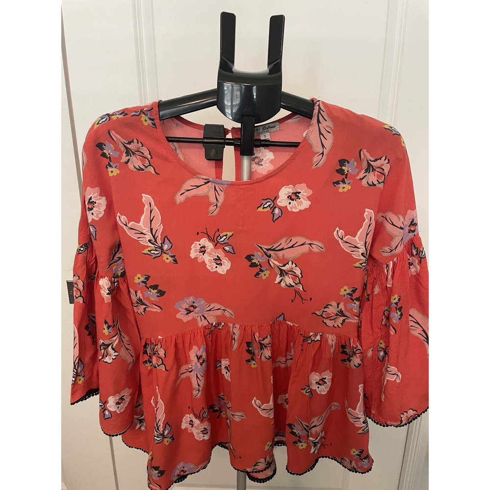 His Girlfriend Floral Peplum Top‎ Coral Red Bell Sleeve Pom Pom Trim Womens S